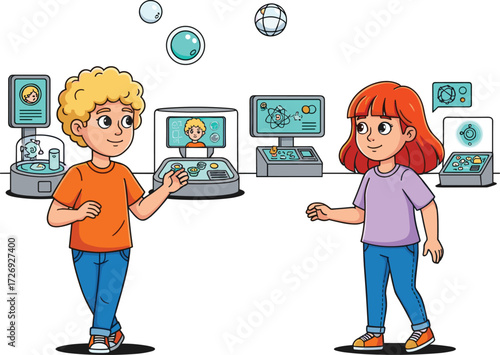 Futuristic science lab illustration, children learning technology, cartoon kids in laboratory, STEM education concept, digital screens, DNA diagram, molecular research, innovation