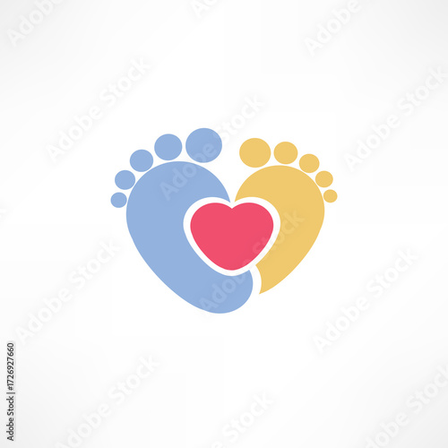 Baby footprints and heart symbolizing love and connection between parents and children in a minimalist design