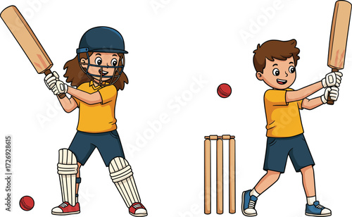 Kids playing cricket, boy and girl batting, cartoon children sports, fun outdoor game, cricket equipment, active kids, team sport, school activity, healthy lifestyle, vector illustration