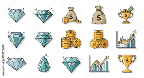 Financial growth with diamond assets and monetary rewards, illustrating wealth accumulation and investment success in a modern, scalable format