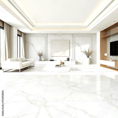 Luxurious living room interior featuring polished Italian white marble tiles with natural veins and sophisticated contemporary furniture design