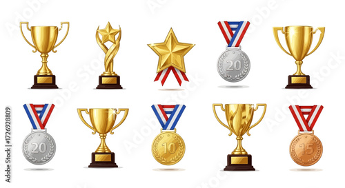 Triumphant collection of gold, silver, and bronze trophies and medals, perfect for celebrating achievement, victory, and success in sports and competitions