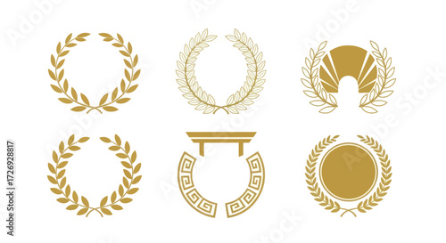 Six golden laurel wreath designs on a white background.