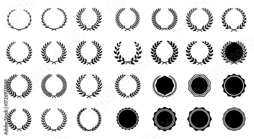 Collection of laurel wreath and seal vector illustrations.