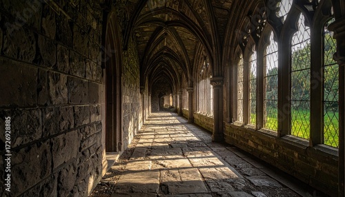 Ancient Stone Cloister Walkway Bathed in Sunlight Through Ornate Windows.