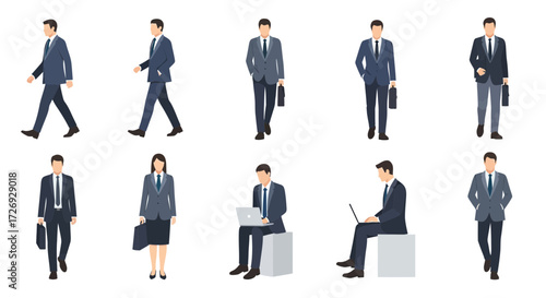 Diverse group of business professionals in suits, walking and working, showcasing corporate success and teamwork with modern style for professional presentations