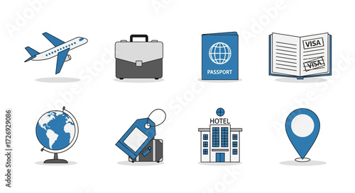 Plan your next globetrotting adventure with these travel icons featuring passport, airplane, hotel, and luggage for travel destinations