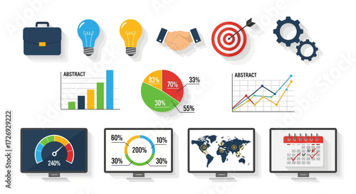 Dynamic business intelligence visuals for presentations and reports, covering key metrics, targets, global reach, and strategic planning with data analytics tools