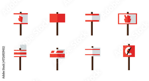 Red and white nautical signs standing against a white backdrop, indicating maritime navigation and safety with clear symbols, creating a sense of order and guidance.