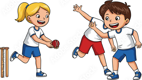 Kids playing cricket, girl bowling, boy fielding, cartoon children sports, fun outdoor game, team activity, school recreation, active lifestyle, vector illustration
