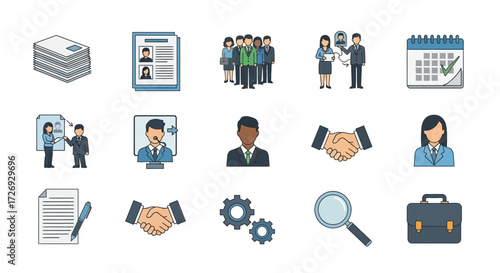 Streamline HR processes with these modern business icons illustrating recruitment, teamwork, schedules, and professional growth for corporate success