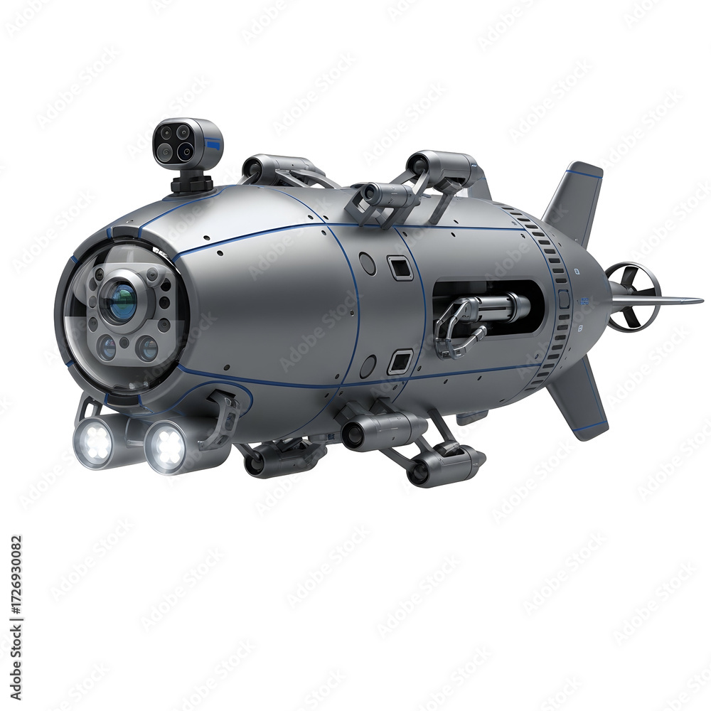 Fototapeta premium Futuristic Silver Submarine with Cameras and Lights on Black Background underwater