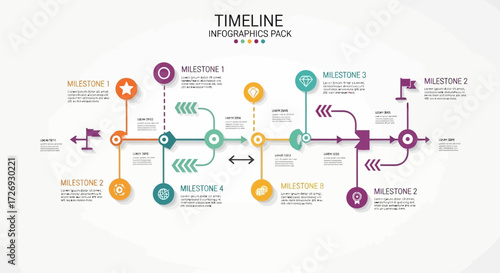 Modern timeline infographic for business presentations, visualizing project milestones and company growth with a clean, professional design template