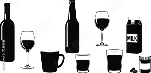 Drink and medicine silhouette set, wine, coffee, milk, water, pills vector icons, black lifestyle illustration, health concept design