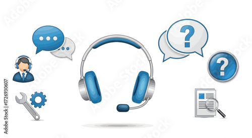 Customer support and service icons representing communication, troubleshooting, and technical assistance for business solutions and IT help desks