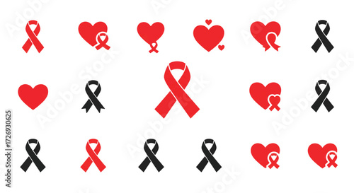 Collection of red and black ribbons and hearts symbolizing awareness and support for various causes, displayed against a white backdrop, conveying hope and solidarity.
