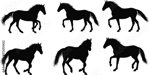Collection of horse silhouette vector illustrations featuring running, walking, and trotting poses for animal, farm, and design projects