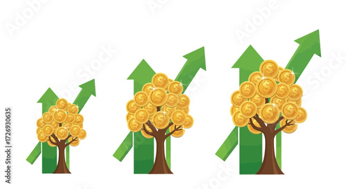 Growing wealth concept with money trees and upward trending arrows, symbolizing financial growth and investment success in business