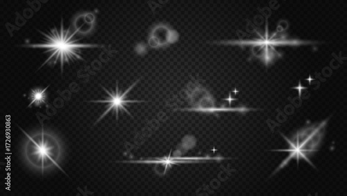 Bright stars, solar particles and sparks with glare effect.