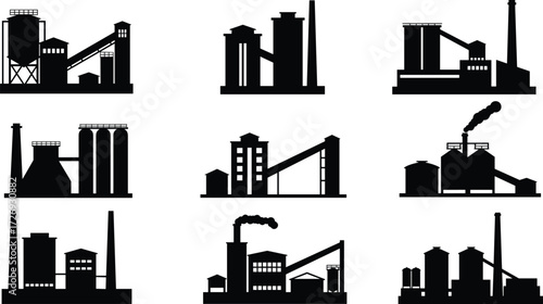 Collection of industrial factory building silhouettes with chimneys, warehouses, smoke stacks, and production plant architecture vector isolated illustration set