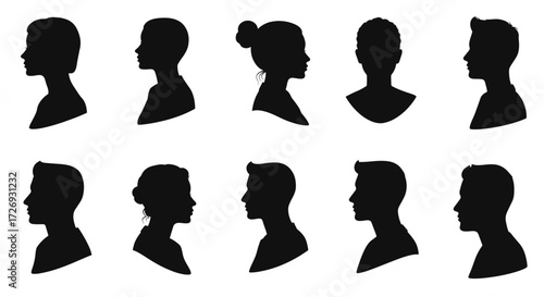 Silhouetted figures show diverse hairstyles and head shapes against a white backdrop, creating a sense of anonymity and intrigue.