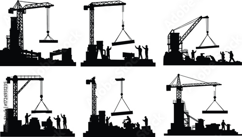 Construction site silhouettes with tower cranes, workers lifting heavy materials, teamwork in building process, industrial development vector illustration for projects