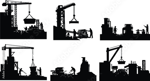 Construction site worker silhouettes with cranes, heavy equipment, welding and lifting machinery, industrial building process vector illustration for design projects