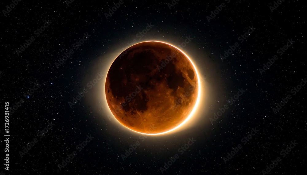 Fototapeta premium Red eclipsed moon, stars, dark