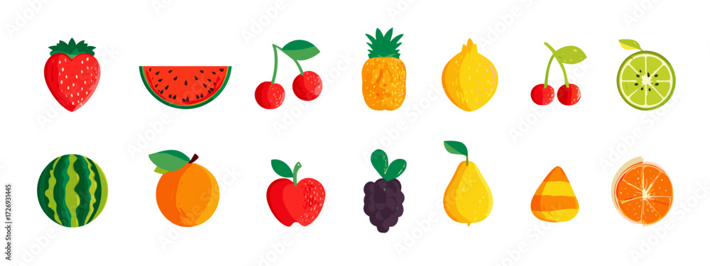 Obraz premium Colorful Fruit Icons on Transparent Background