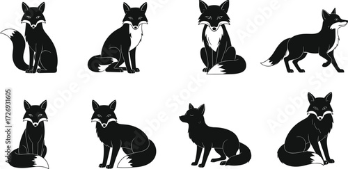 Fox silhouette vector illustration set featuring sitting, standing, walking, and resting poses for wild forest animal artwork collection