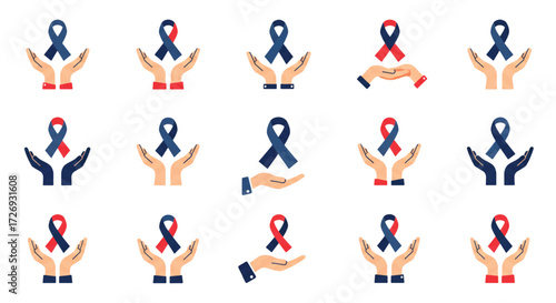 Hands holding ribbons representing cancer awareness and support on white backdrop symbolizing hope and solidarity.