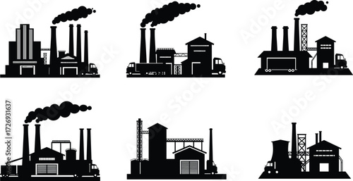 Factory plant building silhouettes with chimneys, industrial warehouses, smoke stacks, power station infrastructure and heavy manufacturing production site illustration vector