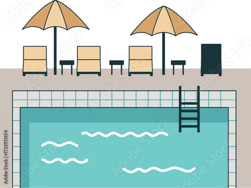 Swimming pool tropical vacation resort with lounge chairs and beach umbrellas vector illustration 