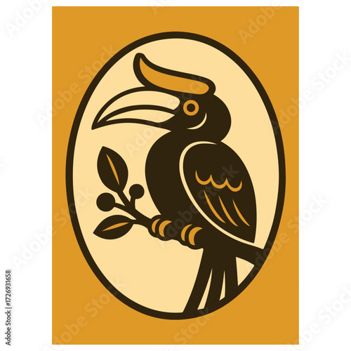 Hornbill Bird in Oval Frame — Tropical Wildlife Emblem, Exotic Bird Vector