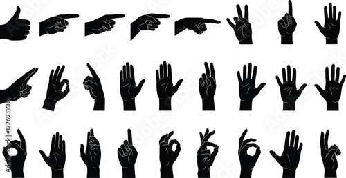 Hand gesture silhouette set, black vector signs, symbolic communication icons, nonverbal language illustration, body signal poses, expressive hand art