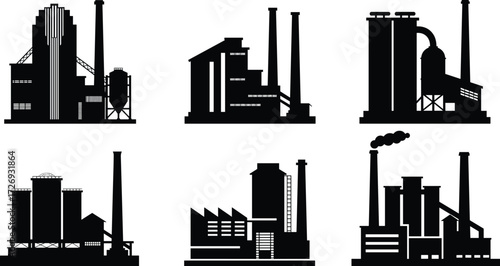 Industrial factory building silhouettes collection with chimneys, warehouses, production plants, and manufacturing architecture icons isolated vector illustration set