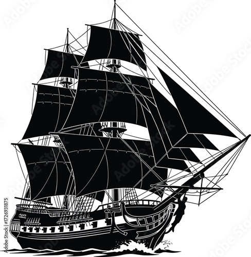 Historic sailing ship silhouette, black vector galleon, maritime vessel in motion, naval architecture, ocean travel, vintage nautical illustration
