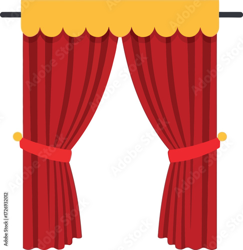 Theater curtains illustration. Red curtain with gold ribbon vector illustration. 