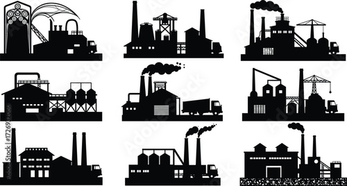 Industrial factory building silhouettes with chimneys, warehouses, smoke stacks, power plant structures, heavy manufacturing plant and industry infrastructure vector illustration
