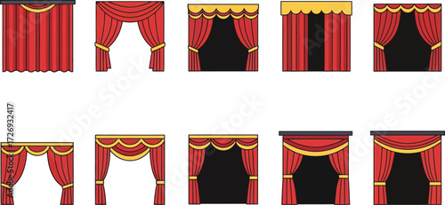 Theater curtains illustration. Red curtain with gold ribbon vector illustration. 