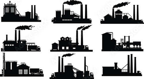 Industrial factory plant silhouettes with chimneys, warehouses, smoke stacks, power station buildings, heavy manufacturing industry structures and production site vector illustration