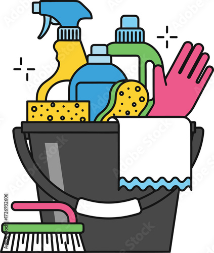 Cleaning supplies accessories with bucket, gloves, detergent, spray bottle, sponge for commercial and domestic cleaning maintenance service vector illustration icon