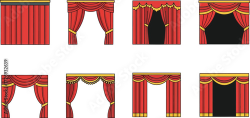 Theater curtains illustration. Red curtain with gold ribbon vector illustration. 
