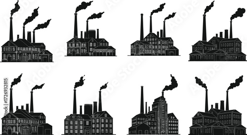 Old vintage factory buildings with chimneys, industrial smoke stacks, retro manufacturing plants, brick warehouses, historical industry architecture and power station illustration