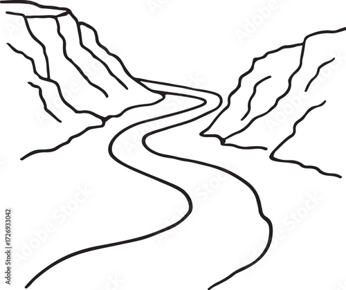 Mountain Canyon River Landscape Vector – Nature and Outdoor Illustration. Scenic Valley with Flowing River.