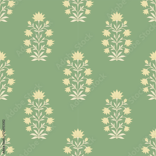 Mughal textile pattern with stylized pink flowers. Vintage flower pattern with ornamental blooms in pink and green tones.