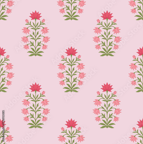 Mughal textile pattern with stylized pink flowers. Vintage flower pattern with ornamental blooms in pink and green tones.