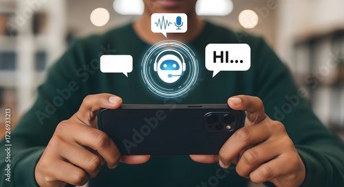 Person holding a smartphone with ai chatbot interface and speech bubbles overlayed on the screen display