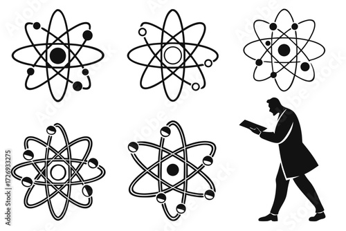 Atom structure vector illustration science and technology research molecule model physics chemistry education 100 silhouette