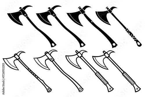 Collection of axe illustrations for graphic design projects and historical weapon enthusiasts and crafters silhouette